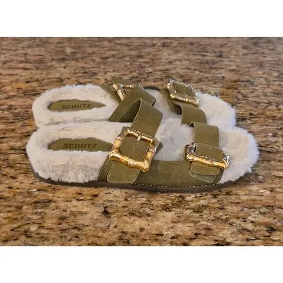 SCHUTZ Women's Enola Weekend‎ Sporty Flat Sandal 9.5B fuzzy slip on - Picture 2 of 6